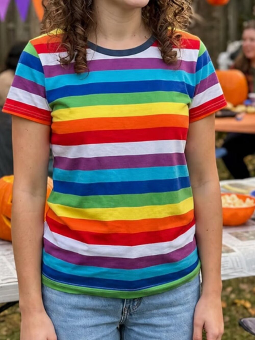 Rainbow Striped Crew Neck Short Sleeve Tee Shirt - SIZE XL
